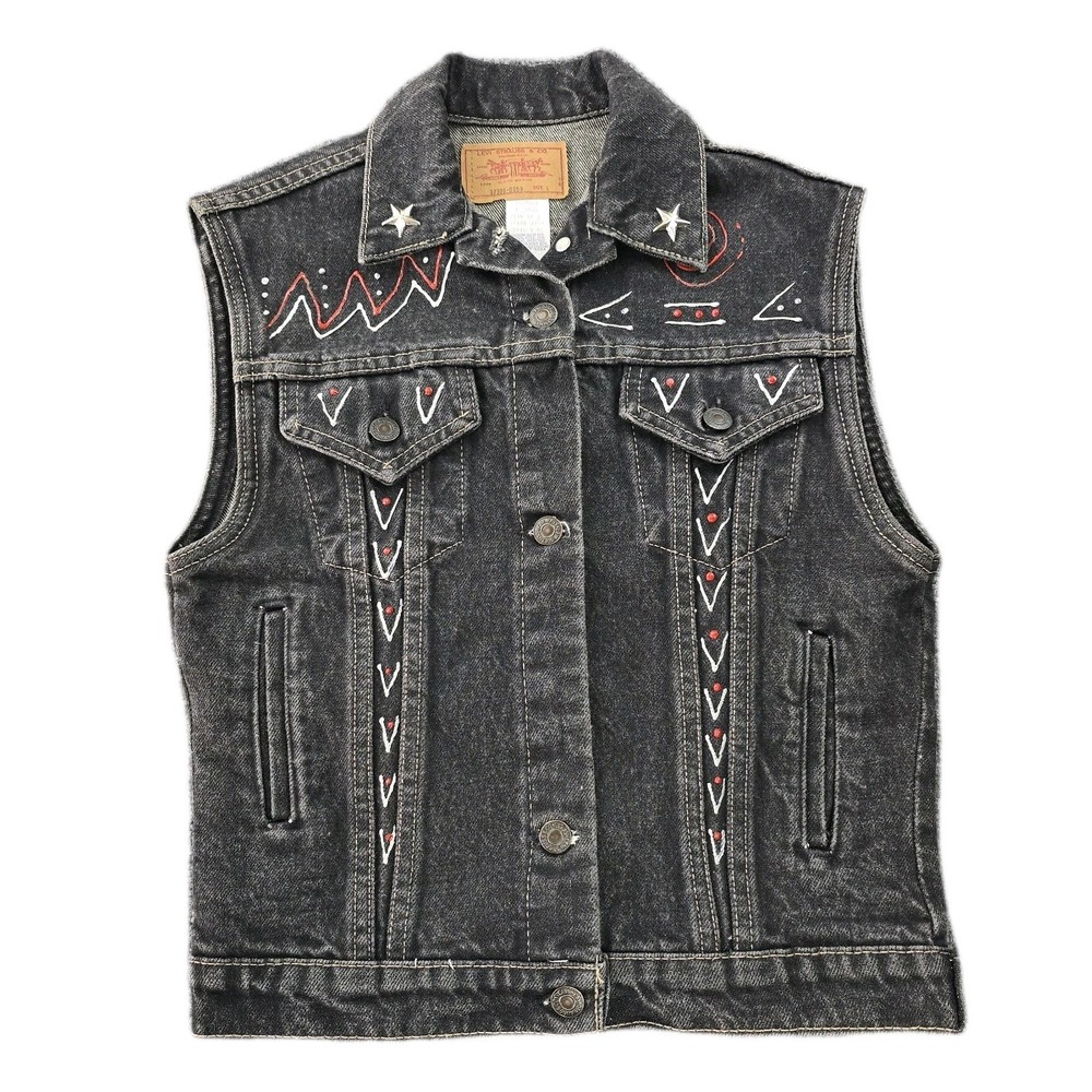 Vintage Levi's Black Denim Vest 1985 USA Painted Studded – Child L / Women S